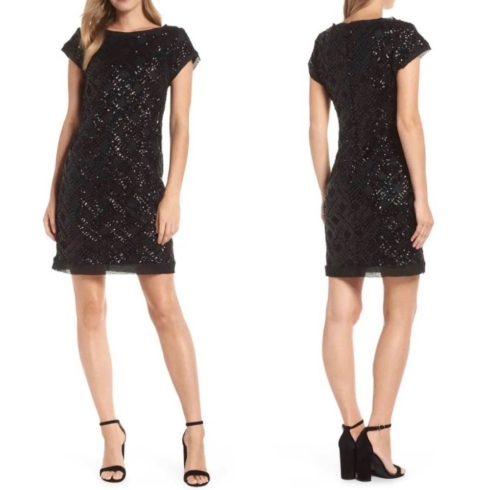 Eliza J Sequin Sheath Dress Cap Sleeve Black